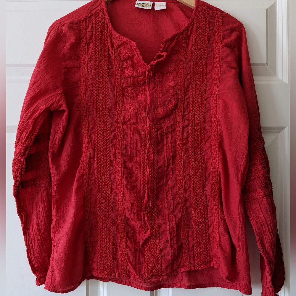 Collections Etc top gauzy boho lightweight 100% cotton red shirt L